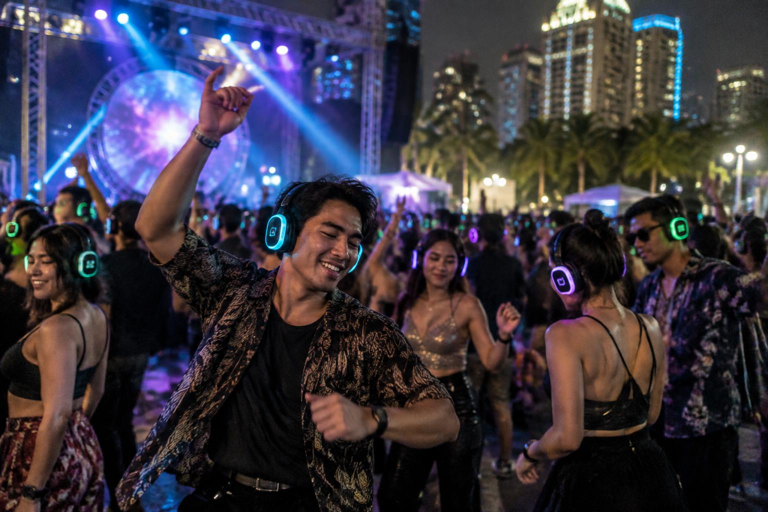 Ilustrasi peserta festival dengan headphone wireless bercahaya